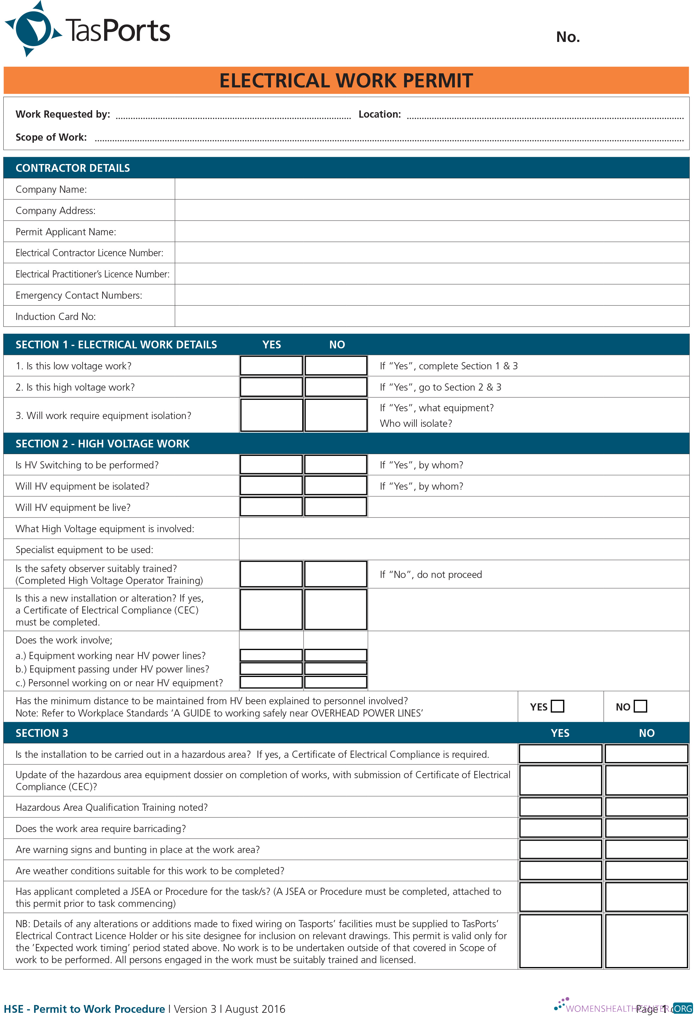 Download TasPorts electrical work permit Photoshop template